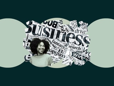 how to write a linkedin headline: Image shows person smiling in front of collage of words.